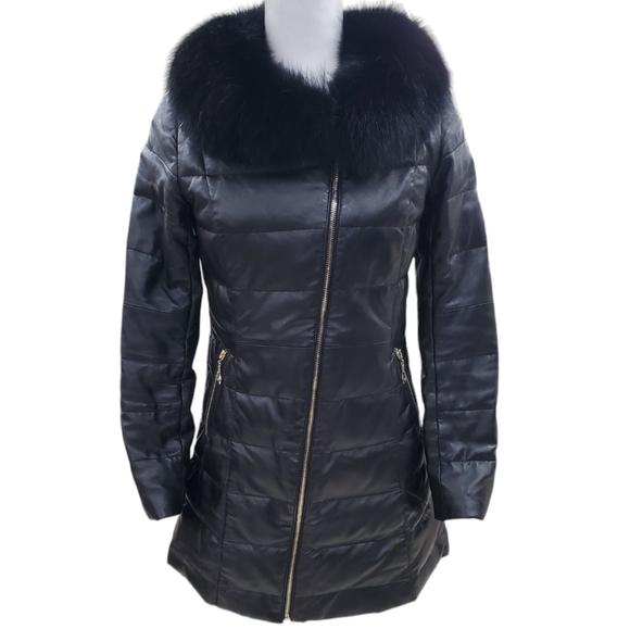 Mini Plates Jackets & Blazers - Lambskin down puffer coat fur collar women's size 6 black gold zippers